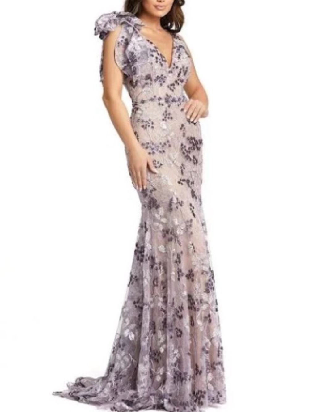 Mac Duggal Floral Embroidered V-Neck Evening Dress - Lavender